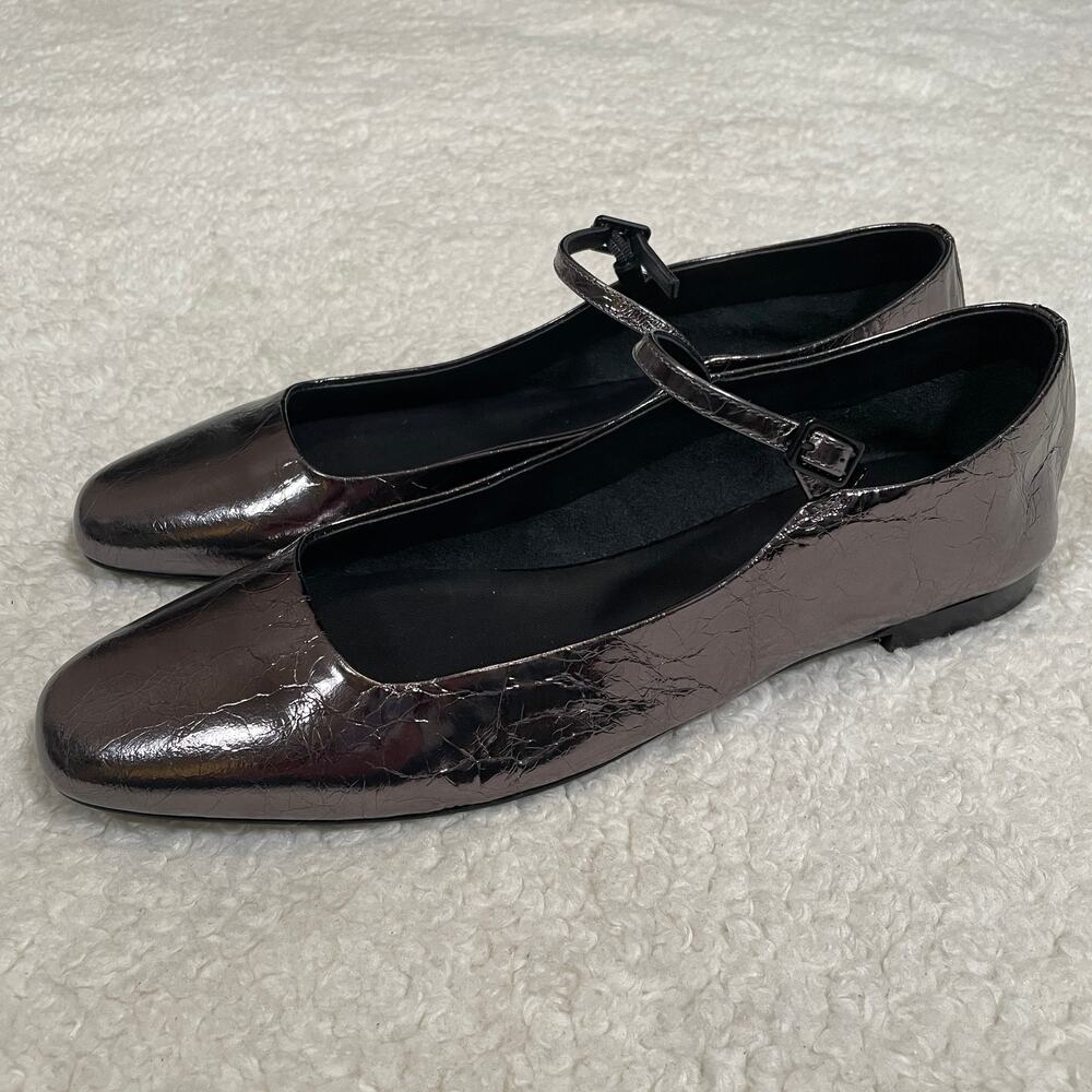 L'Agence Edelie Crackled Metallic Leather Mary Jane Flats Pewter Preppy‎ Mod 8.5